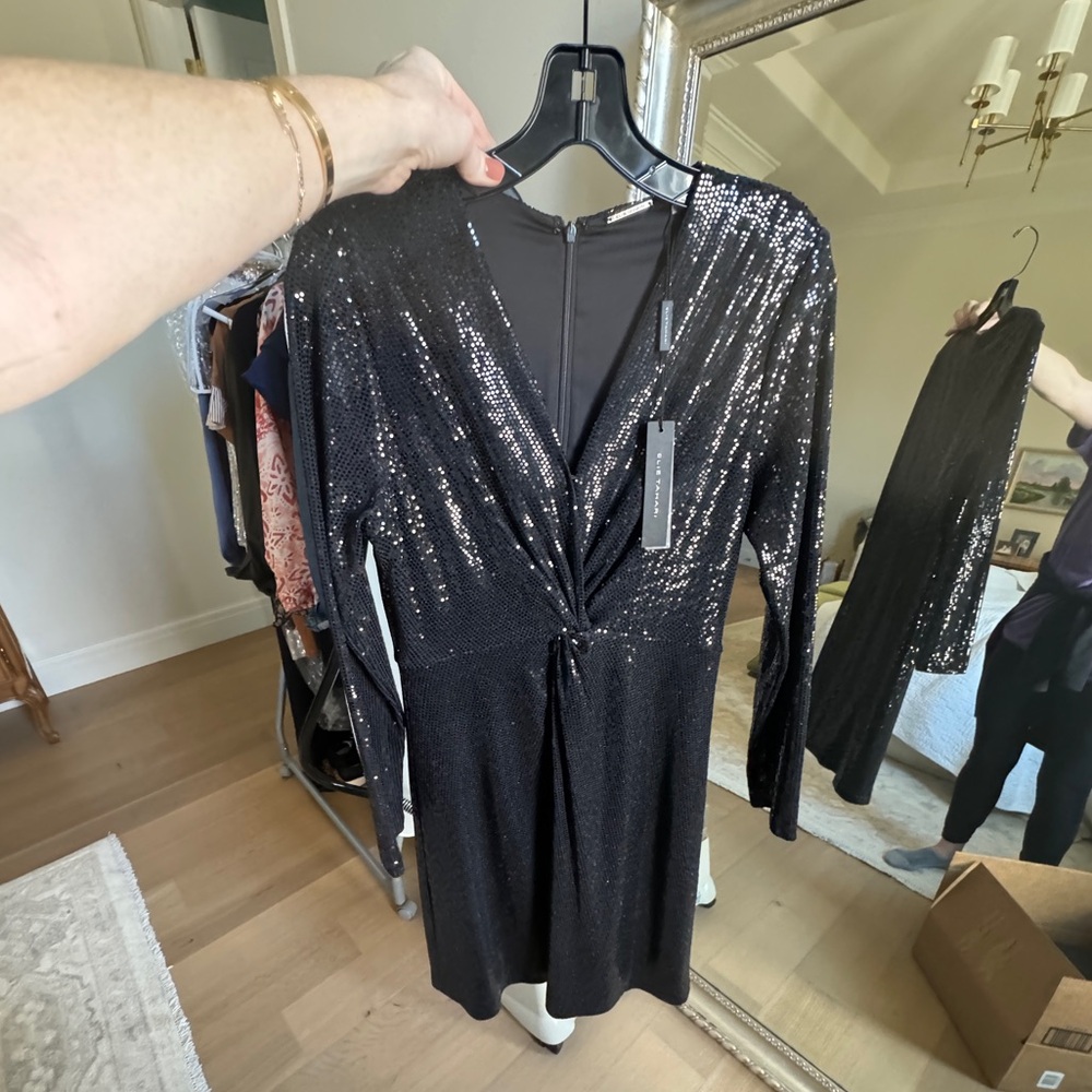 NWT Elie Tahari Sequin Twist Dress. Little black dress. Long sleeves. Size 8.